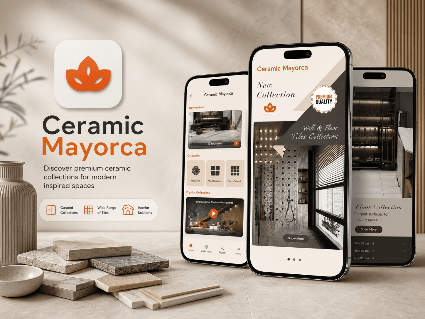 Ceramic Mayorca app showcase with premium tile browsing screens and product branding.