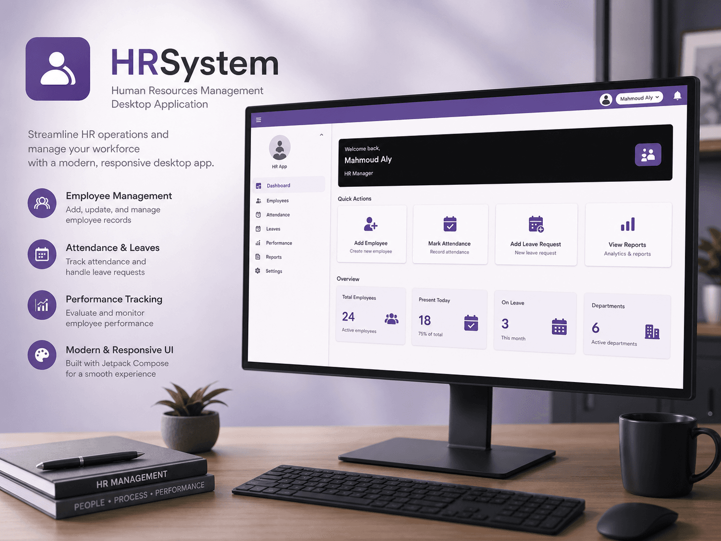 HRSystem desktop application cover with human resources dashboard and workforce management interface.
